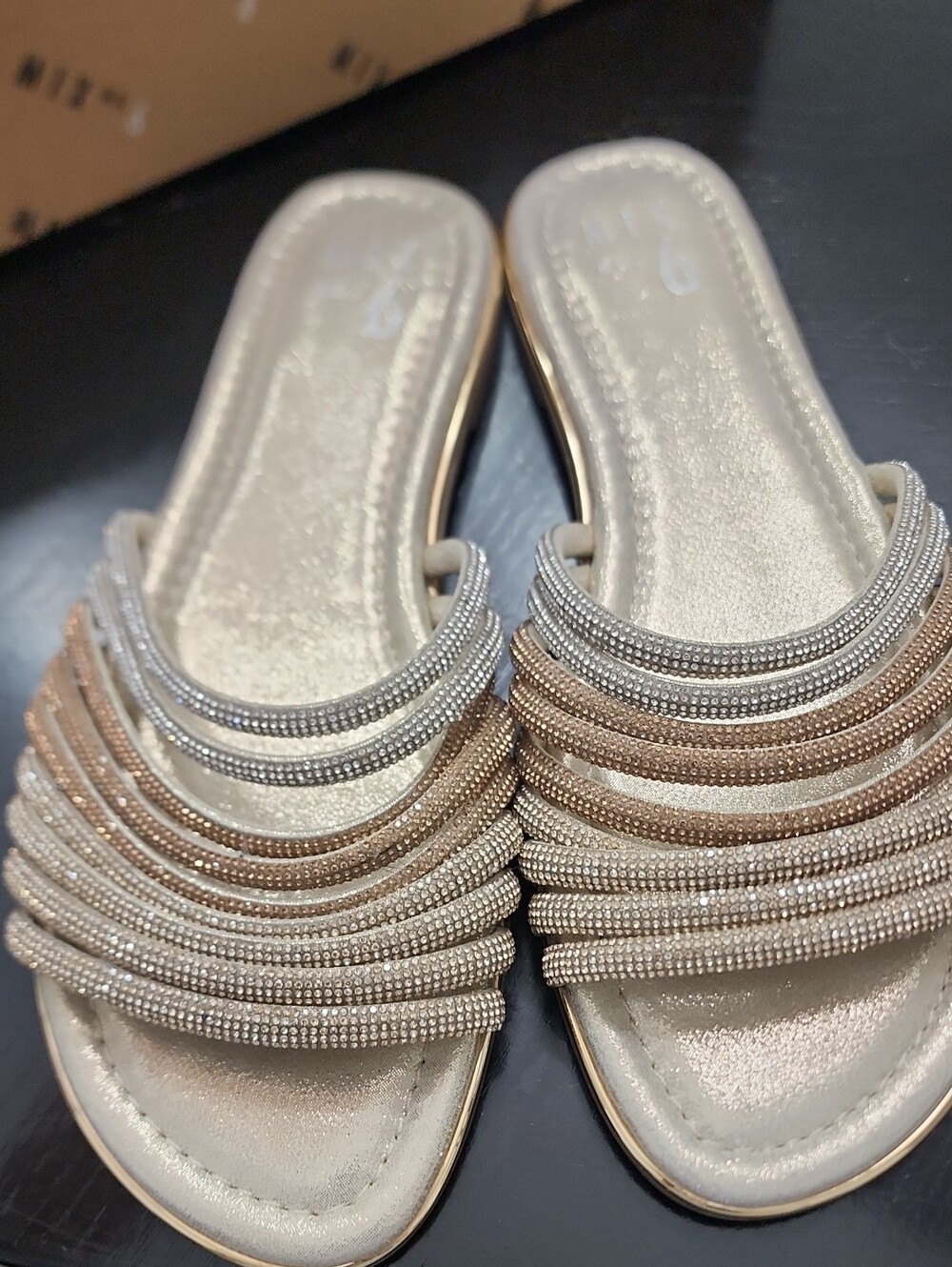 Mix No. 6 Champagne and Silver Rhinestone Slide Mules 9M